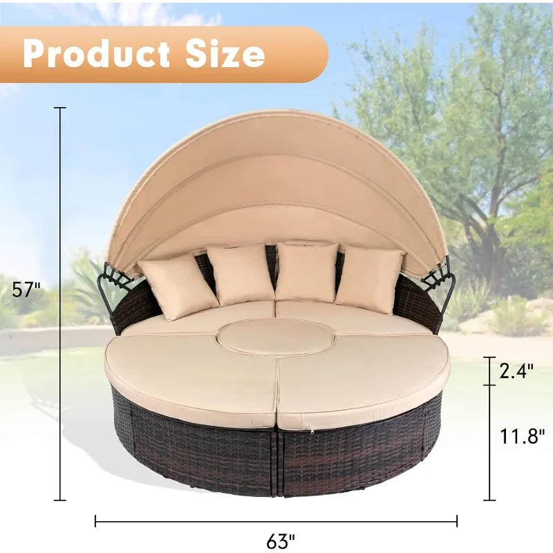 Cheap Outdoor Furniture with Retractable Canopy, Sectional Round Sofa Furniture Set, 5 Pieces Seating Seats
